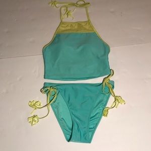 Teal/ yellow greenish straps bikini